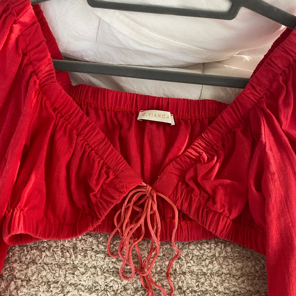 Red Long Sleeve Crop Top - Picture 2 of 3